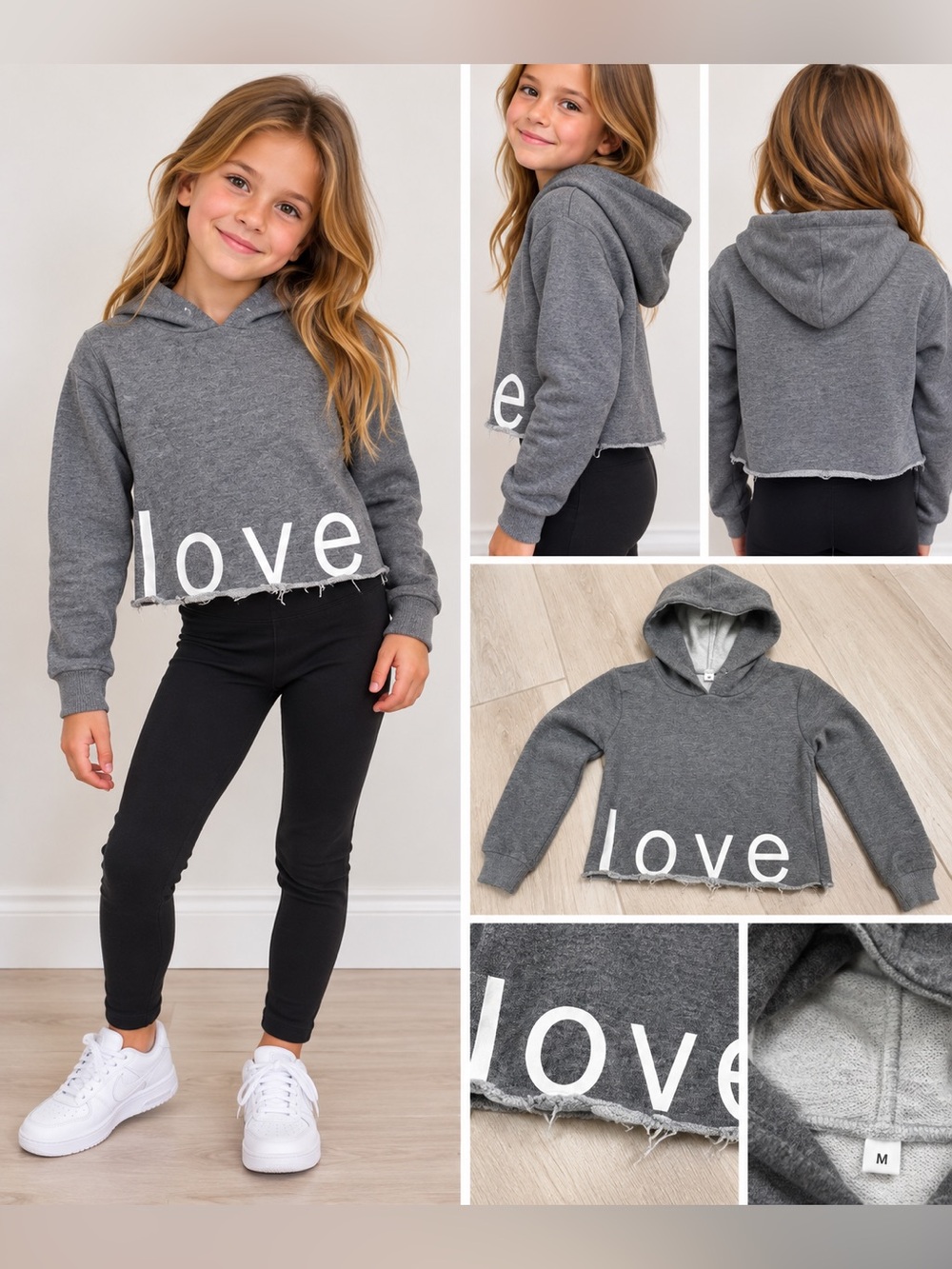 Girls M Gray LOVE Cropped Hoodie Raw Hem Sweatshirt